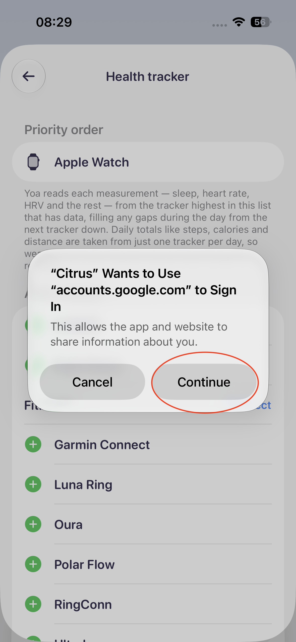 Tap Continue to start the Fitbit sign-in