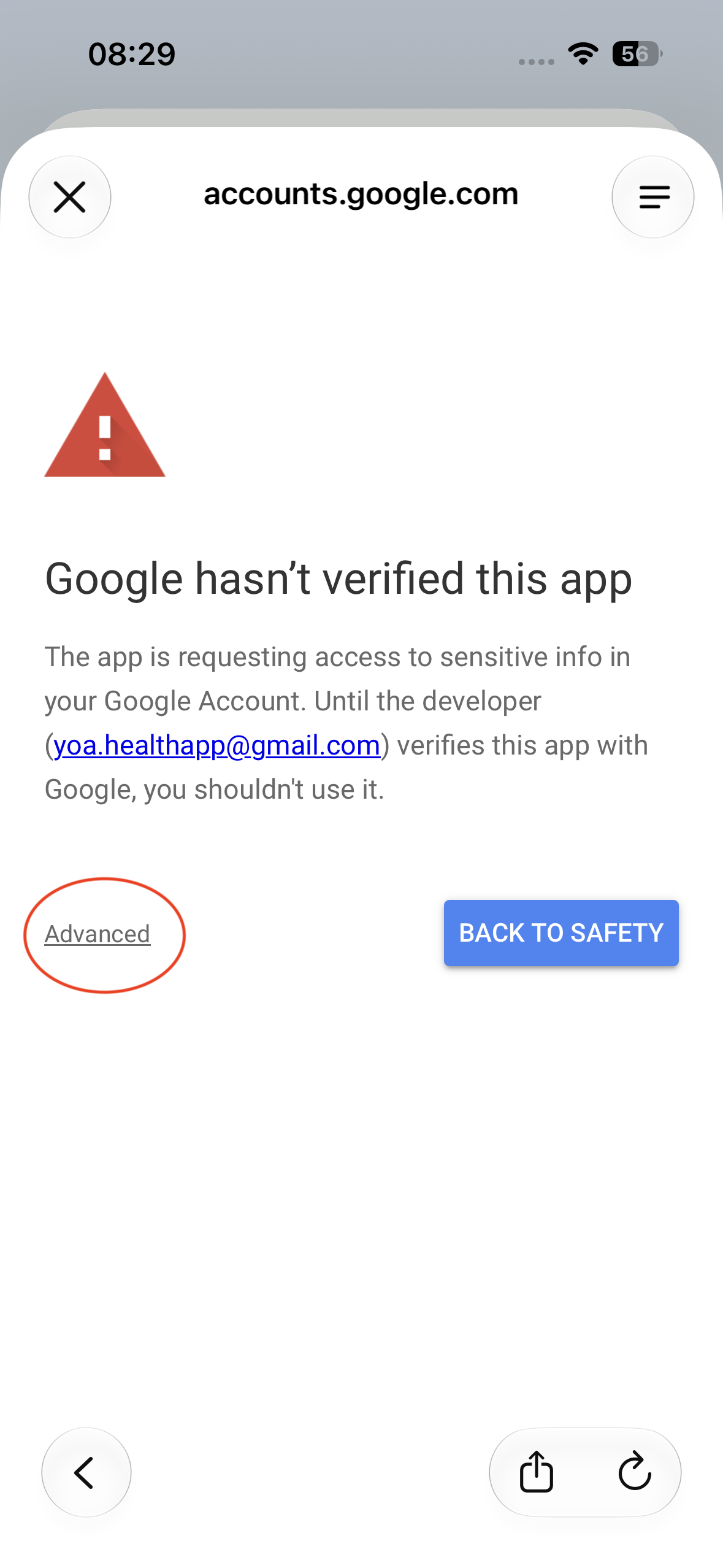 Tap Advanced on the unverified-app screen