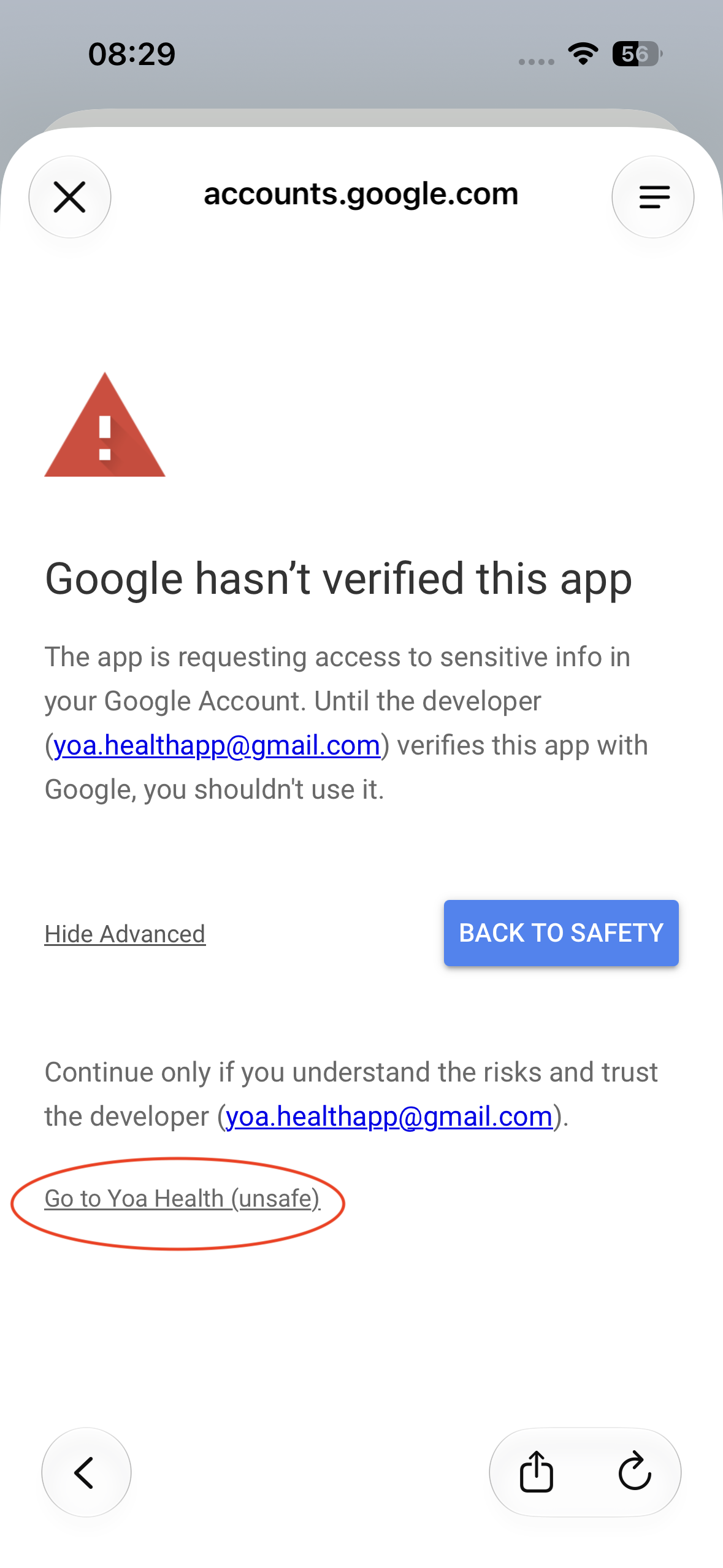 Tap Go to Yoa Health (unsafe)